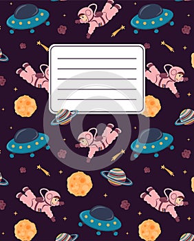 Design of covers for notebooks, planners with the image of a cute astronaut, a spaceship, the moon, a planet with rings and a