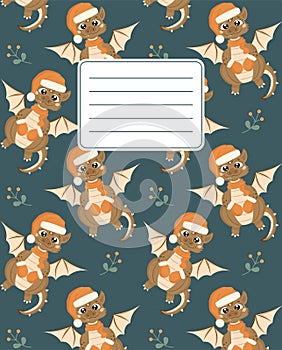 Design of covers for notebooks, planners with the image of a cute smiling dragon in a Santa Claus hat, scarf and mittens