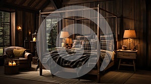 Design of cozy and rustic bedroom with a wooden four-poster bed, plaid bedding, and a stone fireplace. earthy color with shades of