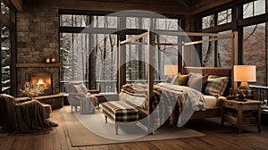 Design of cozy and rustic bedroom with a wooden four-poster bed, plaid bedding, and a stone fireplace. earthy color with shades of