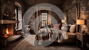 Design of cozy and rustic bedroom with a wooden four-poster bed, plaid bedding, and a stone fireplace. earthy color with shades of