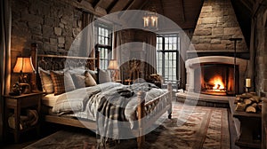 Design of cozy and rustic bedroom with a wooden four-poster bed, plaid bedding, and a stone fireplace. earthy color with shades of