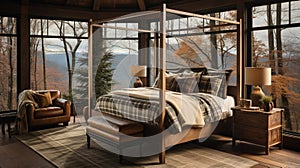 Design of cozy and rustic bedroom with a wooden four-poster bed, plaid bedding, and a stone fireplace. earthy color with shades of