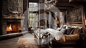 Design of cozy and rustic bedroom with a wooden four-poster bed, plaid bedding, and a stone fireplace. earthy color with shades of