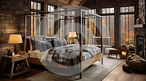 Design of cozy and rustic bedroom with a wooden four-poster bed, plaid bedding, and a stone fireplace. earthy color with shades of