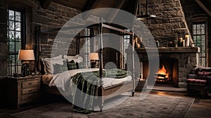 Design of cozy and rustic bedroom with a wooden four-poster bed, plaid bedding, and a stone fireplace. earthy color with shades of