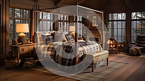 Design of cozy and rustic bedroom with a wooden four-poster bed, plaid bedding, and a stone fireplace. earthy color with shades of