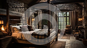 Design of cozy and rustic bedroom with a wooden four-poster bed, plaid bedding, and a stone fireplace. earthy color with shades of