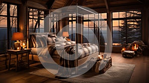 Design of cozy and rustic bedroom with a wooden four-poster bed, plaid bedding, and a stone fireplace. earthy color with shades of