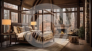 Design of cozy and rustic bedroom with a wooden four-poster bed, plaid bedding, and a stone fireplace. earthy color with shades of