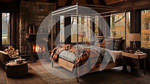 Design of cozy and rustic bedroom with a wooden four-poster bed, plaid bedding, and a stone fireplace. earthy color with shades of