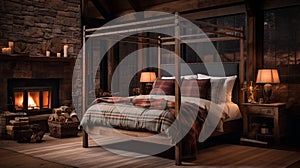 Design of cozy and rustic bedroom with a wooden four-poster bed, plaid bedding, and a stone fireplace. earthy color with shades of