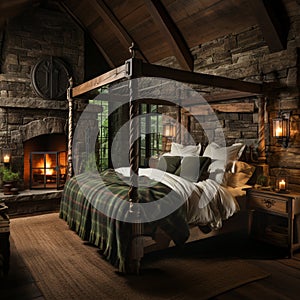 Design of cozy and rustic bedroom with a wooden four-poster bed, plaid bedding, and a stone fireplace. earthy color with shades of