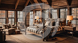 Design of cozy and rustic bedroom with a wooden four-poster bed, plaid bedding, and a stone fireplace. earthy color with shades of