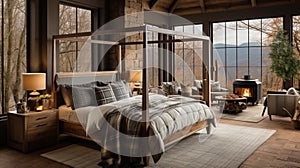 Design of cozy and rustic bedroom with a wooden four-poster bed, plaid bedding, and a stone fireplace. earthy color with shades of