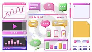 Design 3D elements. Video player window, notes and text editor app. Scroll bar, UI buttons and office graph charts vector set