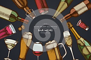 Design on dark background with glass, champagne, mug of beer, alcohol shot, bottles of beer, bottle of wine, glass of