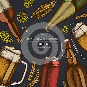 Design on dark background with rye, hop, mug of beer, bottles of beer, aluminum can