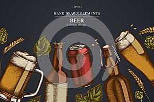 Design on dark background with rye, hop, mug of beer, bottles of beer, aluminum can