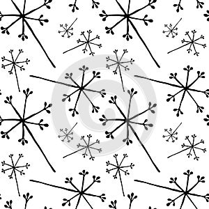 Design with delicate black and white flowers and stems in harmonious arrangement. Twigs in seamless pattern