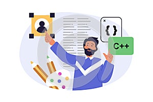 Design development concept in modern flat design for web. Man creating homepage template, coding and programming