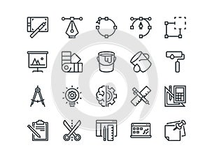 Design and Development. Set of outline vector icons. Includes such as Brainstorming, Retouching, Programming and other photo