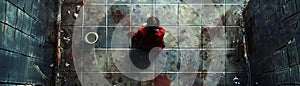 Design a digital artwork showing a birds eye view of a person curled up on the bathroom floor photo