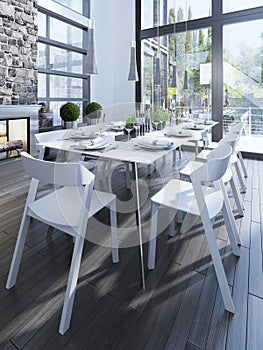 Design of dining room with white furniture