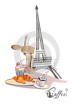 Design with the Eiffel tower, a cup of coffee and a cafÃ© entrance. Lantern decorated with flowers.
