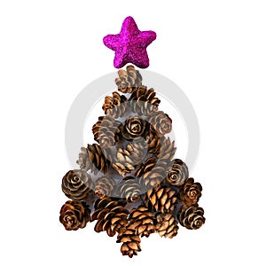 Design element with christmas tree with shiny star on top made of fir tree cones isolated cut out on white background