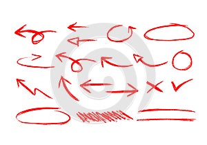 design element collection of red ink brush stroke arrow pointer, circle marker, check, x mark and underline mark. Set of grunger