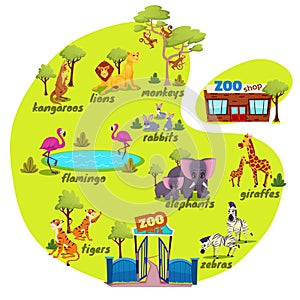 Design Element with Funny Animals Zoo Park Map