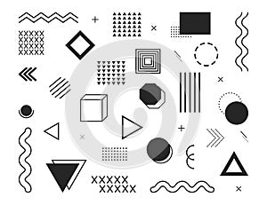 Design element. Geometric shapes. Abstract graphic pattern. Black dot, line, wave, triangle, circle on white background. Memphis