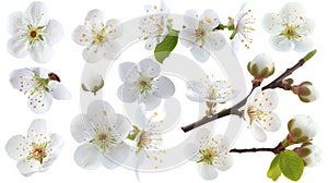 The design elements of a plum tree are isolated on white.