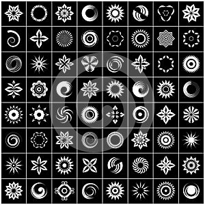 Design elements set. 64 abstract white icons on black background