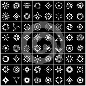 Design elements set. 64 white icons on black background