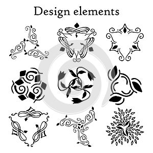 Design elements set, patterns, finials three-pointed. Set of 9 calligraphic elements