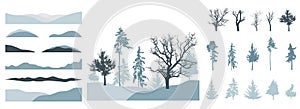 Design elements of trees, set. Silhouette of bare tree, pine, spruce. Creation of beautiful winter landscape, woodland, park or