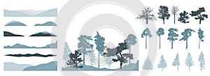 Design elements of trees, set. Silhouette of bare tree, pine, spruce. Creation of beautiful winter landscape, woodland, park or