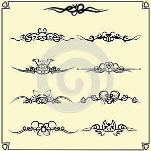 Design elements vintage dividers in black color, animals abstract shapes. Page decoration. Vector illustration. Isolated on white