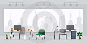 Design of empty office work place vector. Flat style table, desk, chair, computer, building, desktop, big window on cityscape