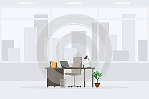 Design of empty office working place 3/4 side view vector illustration. Table, desk, chair, computer, laptop isolated on cityscape