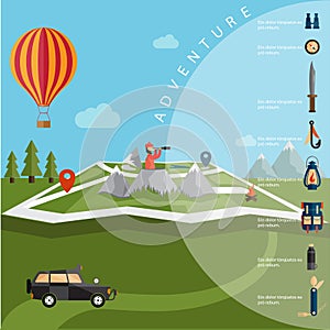 design of explorer with spyglass and balloon on map with ad