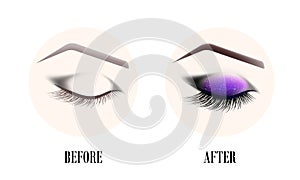 Design of eyebrows and make-up. The closed female eye before and after a make-up.