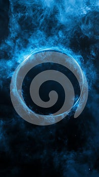 The design features a glowing blue ring, energy, and dark space in an abstract form