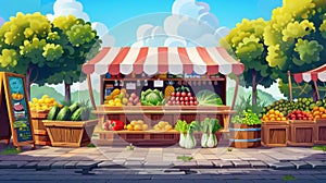 The design features a street market stall with farm produce, vegetables, and local fresh products, and awning stand