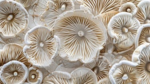 A design featuring a symmetrical arrangement of mushroom caps highlighting the unique textures on each one.