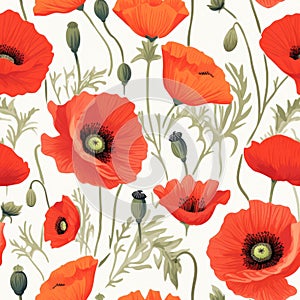 Vibrant Poppy Flowers Vector Seamless Pattern photo