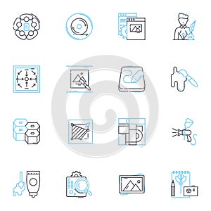 Design firm linear icons set. Creativity, Innovation, Style, Aesthetics, Distinctive, Unique, Visual line vector and