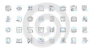 Design firm linear icons set. Creativity, Innovation, Style, Aesthetics, Distinctive, Unique, Visual line vector and